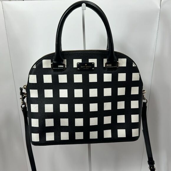 Kate Spade New York Black & White Checkered Satchel Crossbody Bag Structured - Picture 2 of 14